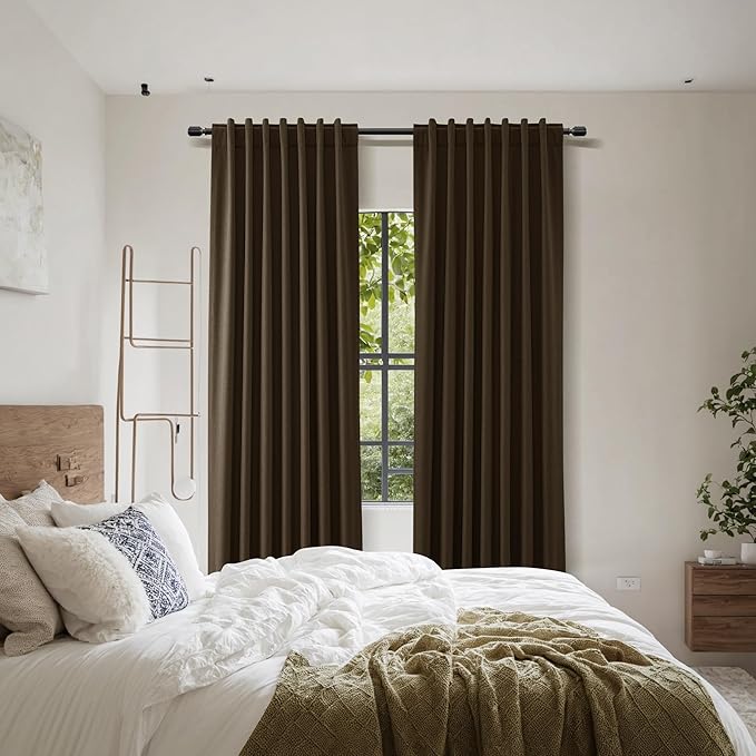 Guken 100% Blackout Curtains 90 Inch Length 2 Panels Set for Living Room Bedroom Back Tab Thermal Insulated Black Out Linen Drapes Room Darkening Chocolate,52x90