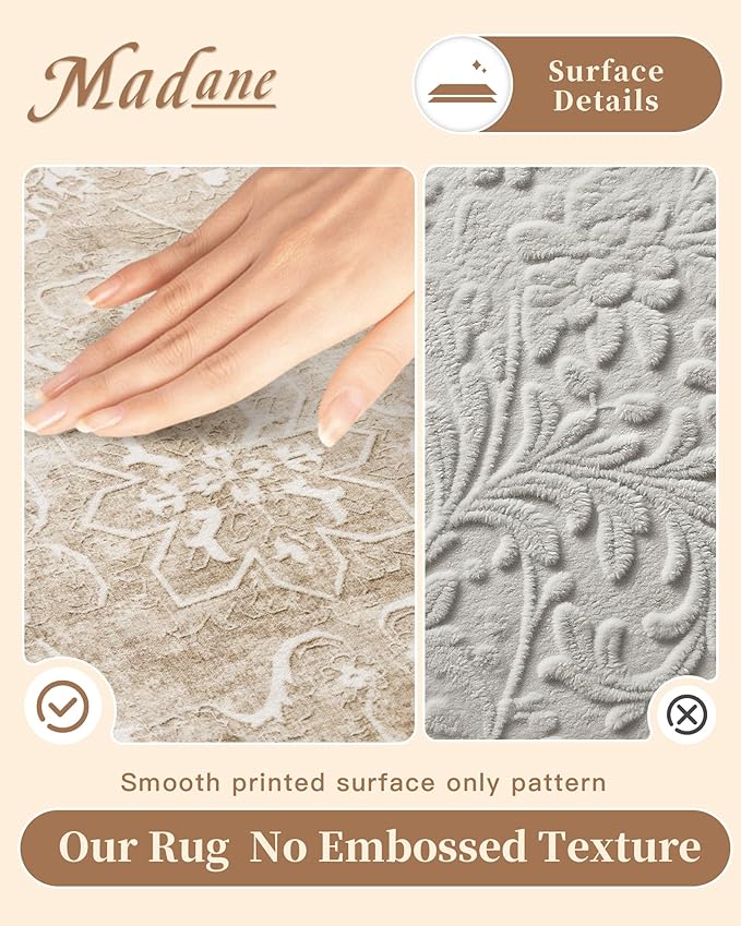 Madane 8x10 Area Rugs for Living Room, Machine Washable Vintage Natural Rug with Non-Slip Backing, Soft Large Throw Rug, Thin Carpet for Bedroom Dining Room Farmhouse (8 x 10, Beige/Brown)