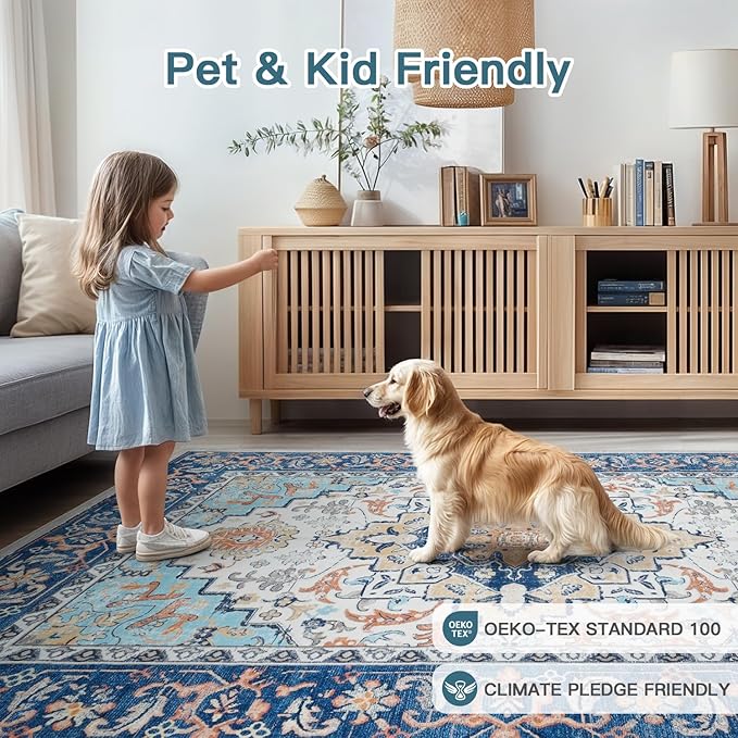 Lofus 9x12 Area Rugs for Living Room, Washable Area Rug, Rugs for Bedroom, Kitchen, Vintage Boho Carpet, Soft Non-Slip, Low Pile Large Area Rug for Office Dining Room, Floral Blue