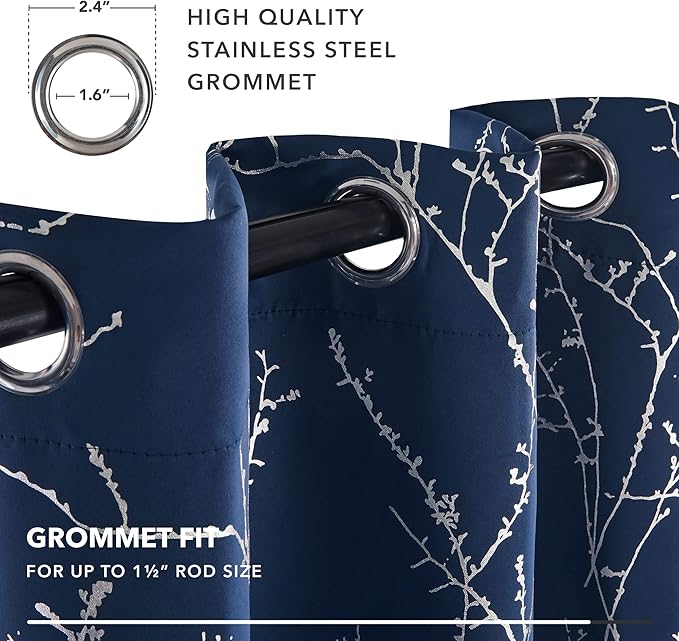 Deconovo Blackout Curtains, Navy Blue Curtain, Thermal Insulated Soundproof Drapes, Branch Silver Print, 52 x 95 Inch Long, Machine Washable Grommet Panels for Bedroom Living Room Office, Set of 2