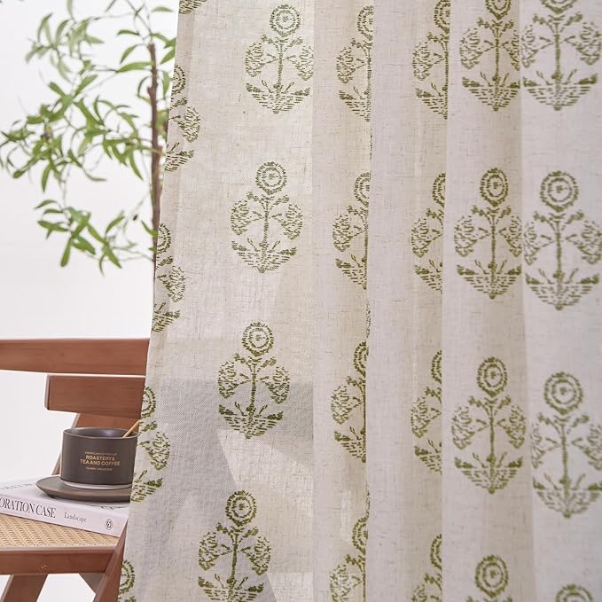 jinchan Linen Floral Curtains for Living Room 96 Inch Length Green Flower Cottage Core Farmhouse Curtains Rod Pocket Back Tab Boho Semi Sheer Window Drapes Bedroom Set 2 Panels Green on Beige