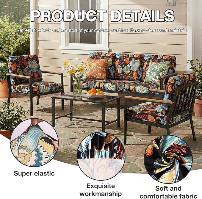 hyha 8Pcs Patio Cushion Covers, Stretch Outdoor Couch Cushion Covers Replacement, Washable Outdoor Chair/Sofa Slipcovers for Patio Furniture Cushions Protector with Elastic Bottom(Floral,Cover Only)
