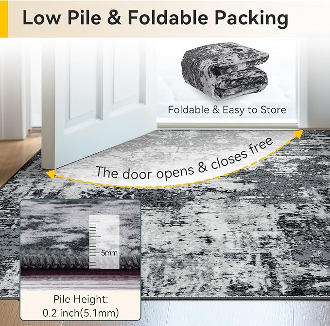 Washable Area Rugs 7x10 Non-Slip Modern Abstract Soft for Living Room Entryway Bedroom Nursery, Print Pattern, Black Navy Blue Gray