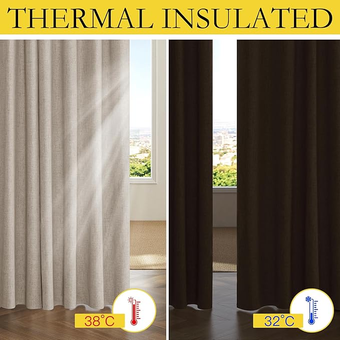 NICETOWN 100% Blackout Oatmeal Linen Curtains 95 inches Length for Dining Room, 2 Panels Set, 52" Wide, Farmhouse Style Room Cooling Window Draperies with Thermal Insulated Liners