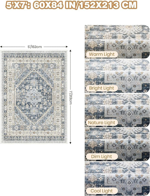 Area Rugs 5x7, Ultra-Thin Washable Rugs for Living Room, Anti-Slip Backing Area Rug for Bedroom, Soft Floral Vintage Home Decor Rug for Dining Room(Blue/Beige,5'x7')