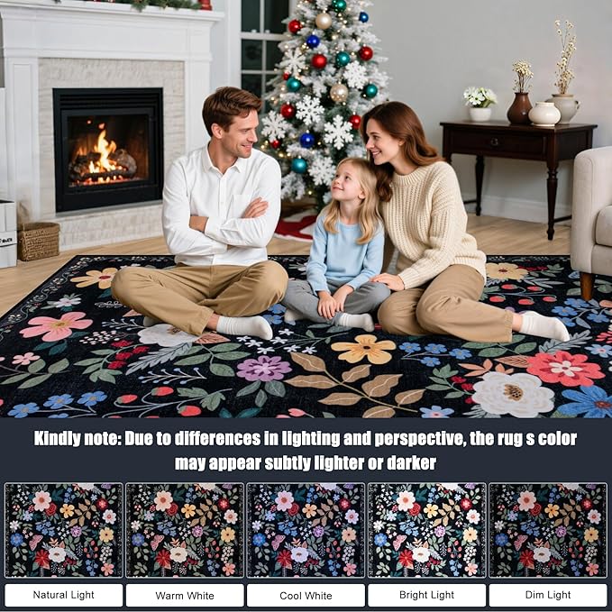 Round Area Rug for Living Room: 4 ft Floral Washable Circle Rug Soft Boho Non-Slip Carpet Indoor Stain Resistant Low Pile Small Circular Rug for Bedroom Entryway Kitchen Nursery Home Office Black