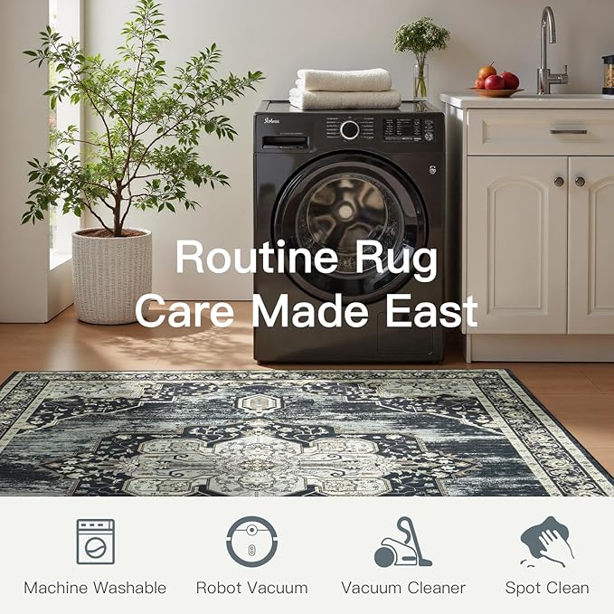 Lofus 8x10 Washable Area Rug, Vintage Floral Rugs for Living Room, Bedroom, Dinning Room, Low Pile Large Area Rugs with Non-Slip Backing, Flower Print Pattern, Black Brown