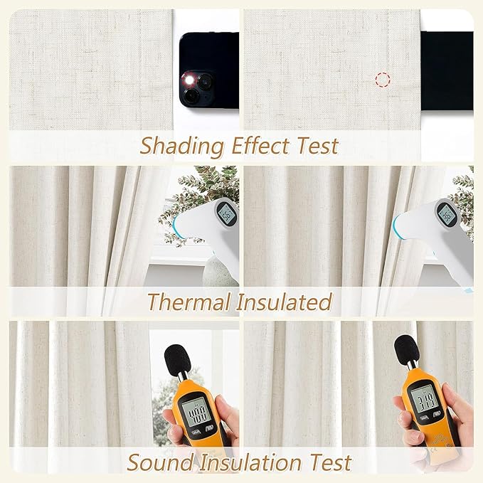 Guken 100% Blackout Cream Linen Curtains 112 Inch Wide by 52 Inch 2 Panels Set for Living Room Bedroom Back Tab Thermal Insulated Black Out Linen Drapes Room Darkening Window Curtains