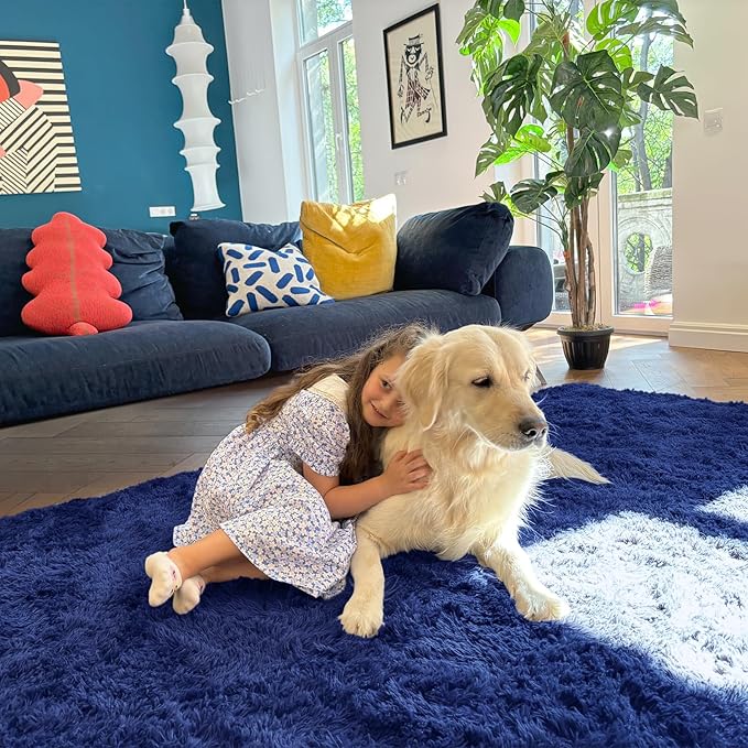 OLANLY 5x5 Area Rugs for Living Room Bedroom, Machine Washable Soft Fluffy Shaggy Bedside Rug, Indoor Floor Carpet for Kids Girls and Boys, Dorms, Nursery Rooms, Home Decor Aesthetic, Navy Blue