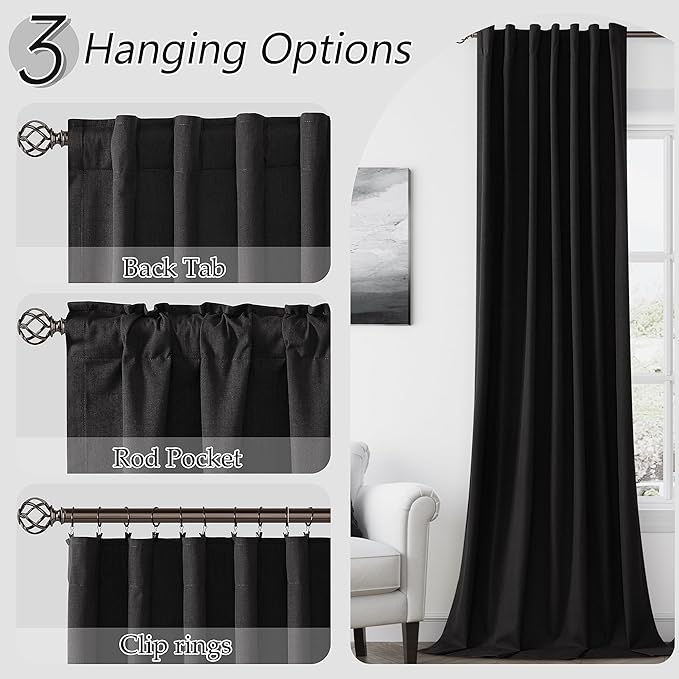 Guken Black 100% Blackout Curtains 96 Inch Length 2 Panels Set for Living Room Bedroom Back Tab Thermal Insulated Black Out Linen Drapes Room Darkening Window Curtains 96 Inches Long