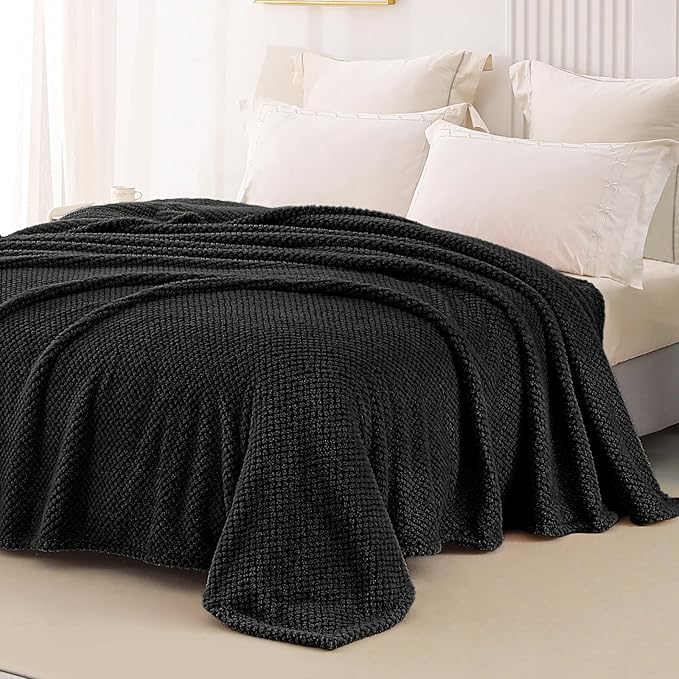 Whale Flotilla Twin Size Fuzzy Fleece Blanket for Bed, 60x80 Inch Fluffy Warm Soft Jacquard Blankets for All Season, Lightweight and Cozy, Black