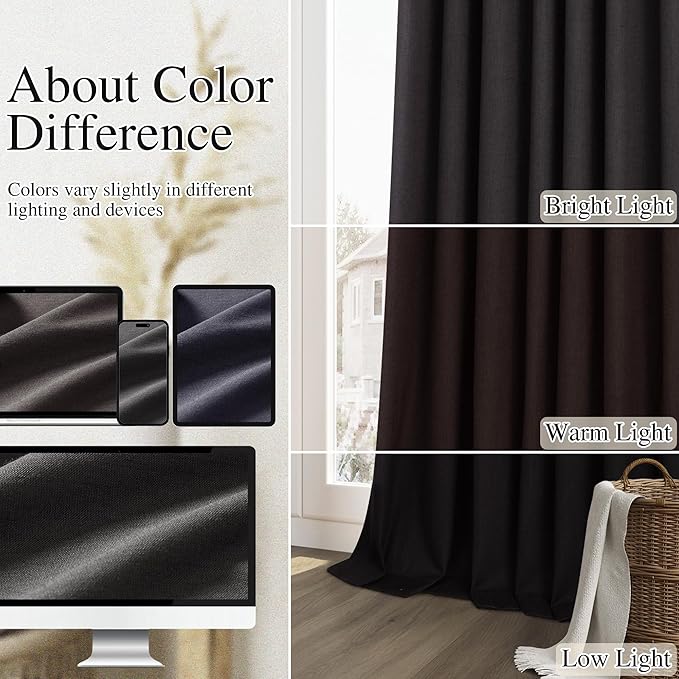 Guken Black 100% Blackout Curtains 96 Inch Length 2 Panels Set for Living Room Bedroom Back Tab Thermal Insulated Black Out Linen Drapes Room Darkening Window Curtains 96 Inches Long