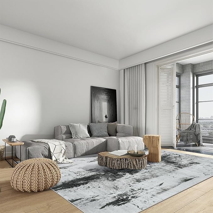 5x7 Area Rugs Washable Rug: Modern Abstract Living Room Rug Soft Anti-Skid Thin Carpet Indoor Floor Non-Shedding Carpets for Bedroom Dining Room Farmhouse Nursery Home Office Black White Grey