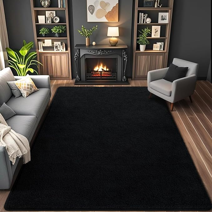 AROGAN Modern Shag Area Rug for Living Room, 6x9 Feet Washable Rugs for Bedroom, Indoor Floor Carpet, Plush Memory Foam Bedside Rugs for Kids Girls Teens Room Low Pile Decor, Black