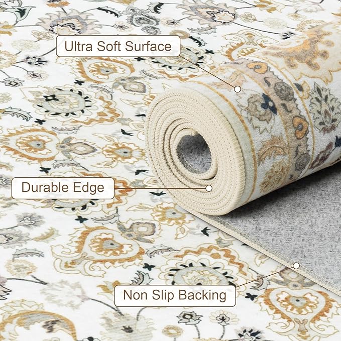 Area Rugs 9x12 Living Room Rug: Washable Rug Soft Vintage Boho Carpet Indoor Floor Non-Slip Stain Resistant Large Carpets for Bedroom Dining Room Farmhouse Nursery Home Office Beige