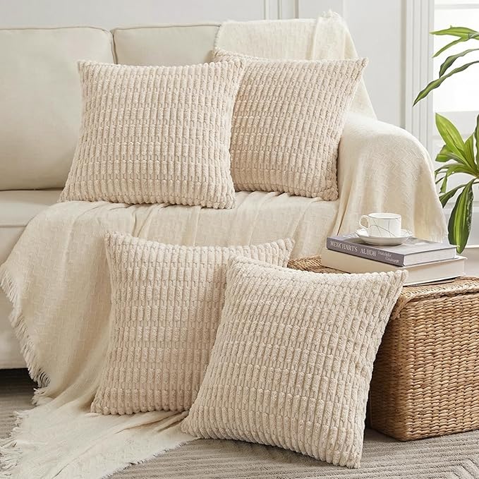 Fancy Homi 4 Packs Tan Decorative Throw Pillow Covers 26x26 Inch for Living Room Couch Bed Sofa, Beige Rustic Farmhouse Boho Home Decor, Soft Plush Striped Corduroy Square Cushion Case 66x66 cm
