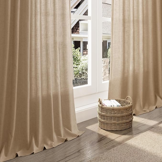 Nanspring Sand Beige Curtains 63 Inch Length for Living Room Flax Linen Semi Sheer Simple Semi Sheer Modern Curtains Back Tab Privacy Light Filtering Curtain for Bedroom Office 52x63, 2 Panels