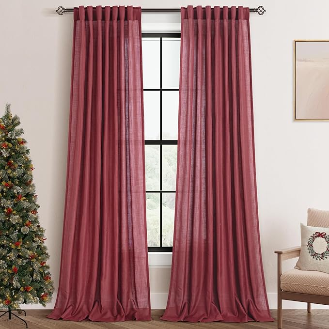 Burgundy Curtains for Living Room Back Tab Modern Farmhouse Semi Sheer Burgundy Curtains 120 inches Long 2 Panels Set Muted Neutral Window Curtain for Dining Room Bedroom 52x120