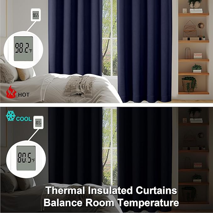 Simplebrand Ava Navy Blue Blackout Curtains for Bedroom 96 Inches Long 2 Panels, Solid Thermal Insulated, Energy Saving Living Room Window Treatment Curtains Blackout Drapes, W50 x L96 Inch, Navy Blue