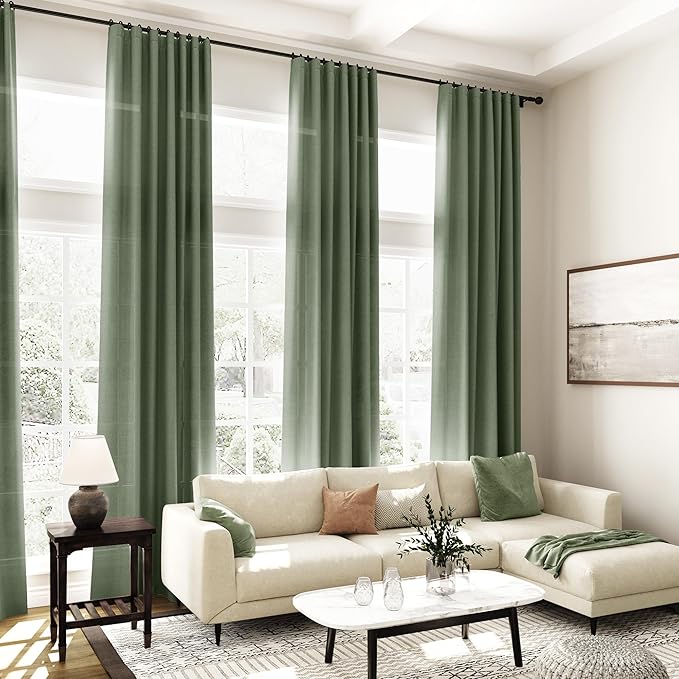 Extra Long Curtains 2 Panels 102 Inches Long for Living Room Olive Green Back Tab Rod Pocket Light Filtering Semi Sheer Drapes Cotton Linen Textured Window Curtain 102 Inch Length for Bedroom 9 FT