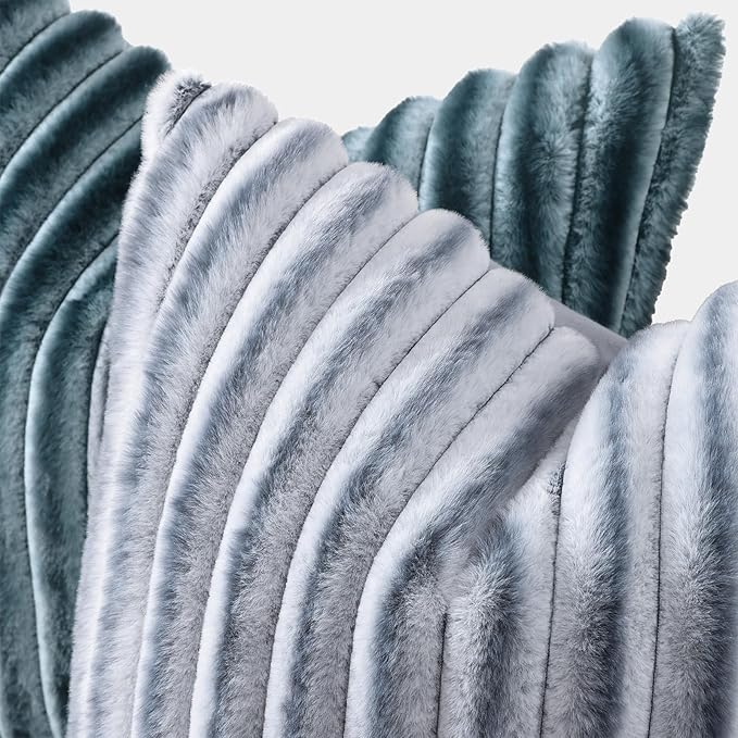 decorUhome Cozy Faux Fur Throw Pillow Covers 18x18 Set of 2 Decorative Soft Plush Striped Modern Farmhouse Boho Couch Pillow Cases with Velvet Back for Sofa Bed Living Room, Grey White