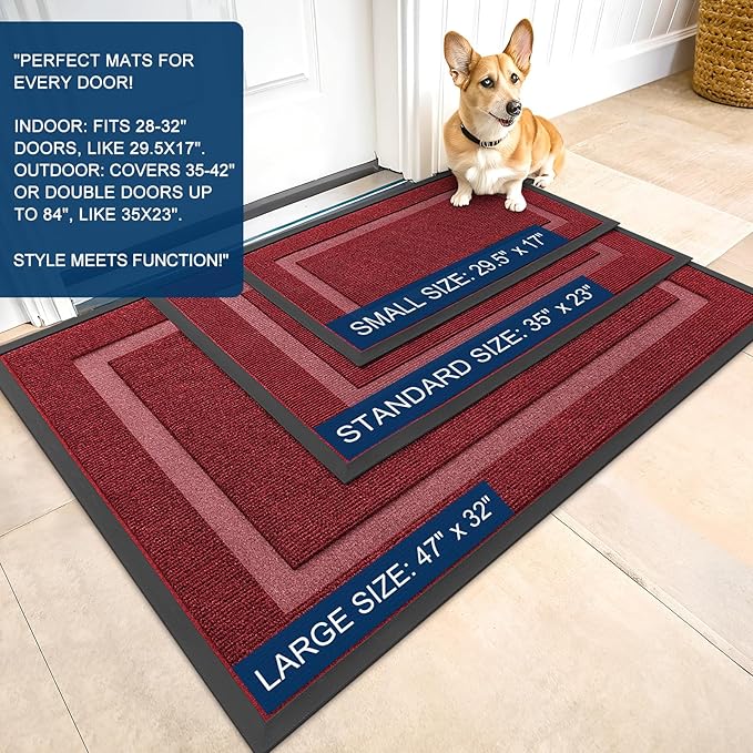 OLANLY Front Door Mat Indoor Outdoor Entrance, Waterproof All-Season, All-Weather Doormat, Sturdy Natural Rubber, Fade Resistant, Low Profile, Easy Clean Patio Porch Entryway Mat, 47x30, Wine Red
