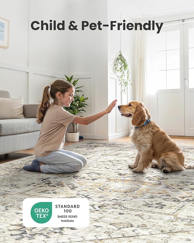 AMADA HOMEFURNISHING 9x12 Washable Area Rug, Low-Profile Large Area Rug with Non-Slip Backing & Durable Edge Binding, Vintage Large Rugs for Living Room, Bedroom & Dinning Room