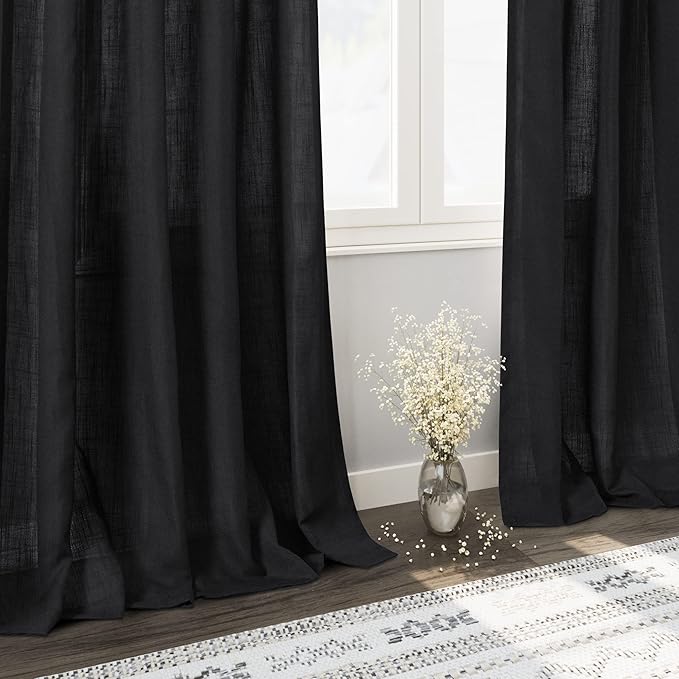 Nanspring Long Black Curtain 100 inches Long 2 Panels Set for Living Room Back Tab Modern Farmhouse Muslin Look Decor Cotton Textured Black Sheer Linen Curtains 100 inch Length for Large Window