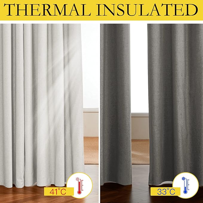 NICETOWN 100% Absolutely Blackout Linen Curtains with Thermal Insulated White Liner, Ivory, 62" W x 63" L, Set of 2, Burlap Textured Textured Linen Look Privacy Window Treatment for Kitchen