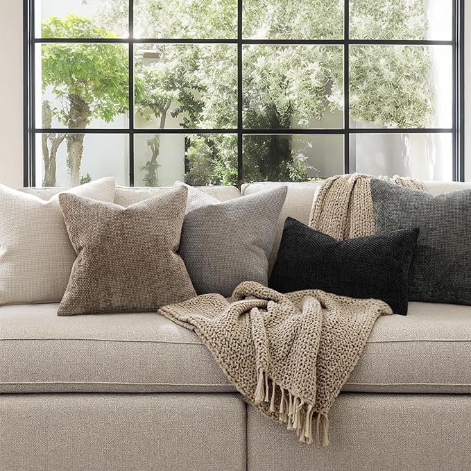 MIULEE Pack of 2 Couch Throw Pillow Covers 20x20 Inch Neutral Khaki Modern Boho Accent Decorative Pillow Covers Soft Chenille Farmhouse Cushion Covers for Home Decor Bed Sofa Living Room