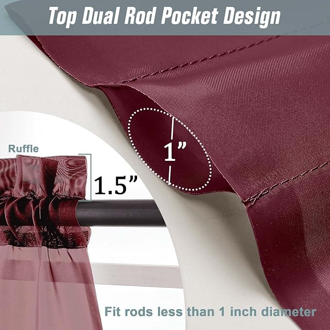 Sheer Curtains 84 Inches Long 2 Panels, Elegant Airy Transparent Light Filtering Window Curtains, Window Drapes for Christmas Party, Dual Rod Pocket Design, Burgundy, 2x42Wx84L Inches