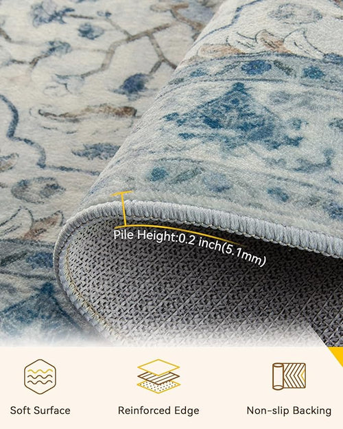 Area Rugs 3'x5' Washable Non-Slip, Floral Vintage Distress Print Pattern Medallion Carpet for Living Room Bedroom Dining Room, Light Blue Navy Beige Gray White