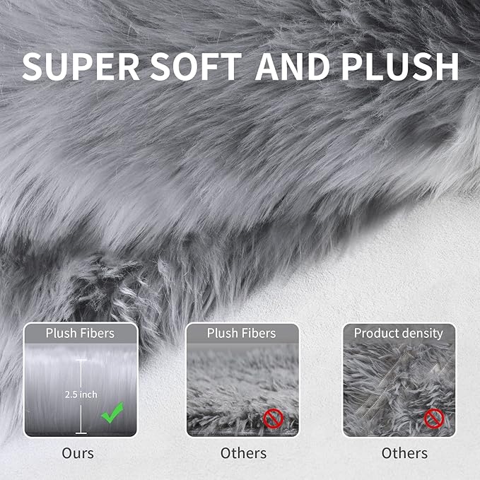 Faux Fur Rug, Grey Small Fluffy Rug for Sofa Chair Couch Cover 2x4 Feet, Gray Soft Fuzzy Shag Rug for Bedroom, Indoor Shaggy Plush Floor Carpets Luxury Home Decor for Bedside