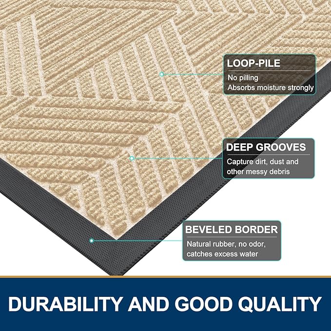 Smiry Half Circle Front Door Mat Outside Entrance, Heavy Duty Sturdy Natural Rubber Doormat, Trap Dirt and Moisture, Low Profile Mats for Indoor Outdoor Entry, Irregular Triangle (29.5x17, Beige)