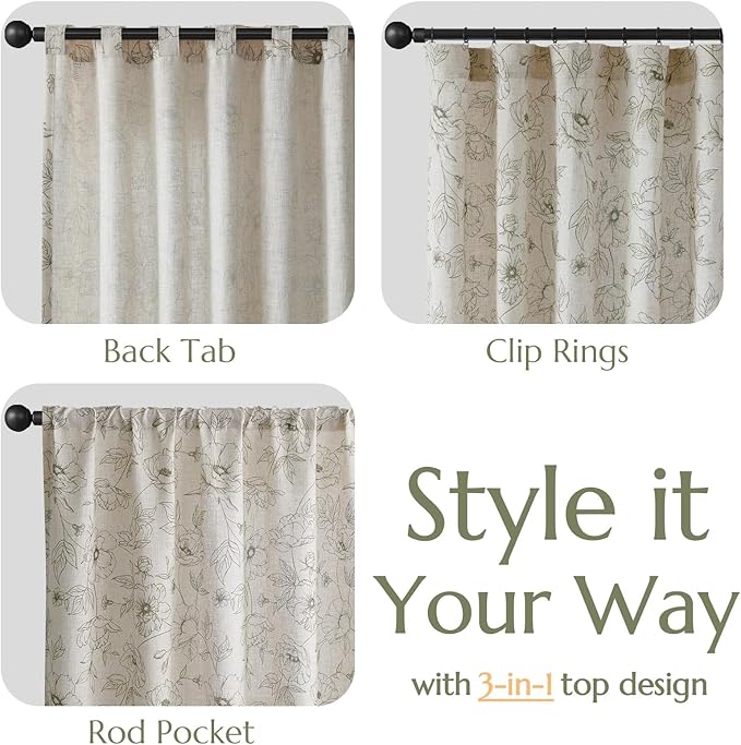 jinchan Floral Linen Curtains for Living Room 84 Inch Length Green Flower Curtain Rod Pocket Back Tab Farmhouse Curtains with Printed Floral Bedroom Window Curtain Set, 2 Panels Green