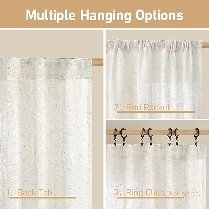 LAMIT Extra Wide Linen Curtains for Bedroom, Cream Light Filtering Faux Linen Textured Panels Semi Sheer Back Tab and Rod Pocket Boho Drapes for Living Room, 2 Panels, 70 x 84 Inch