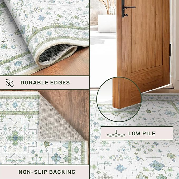 Hazo Haus Oushak Area Rug for Bedroom 5x7 - Blue and Green Vintage Boho Floral Geometric, Washable Low Pile Non Slip Area Rugs for Nursery Room, Foyer, Cozy Aesthetic Room Decor