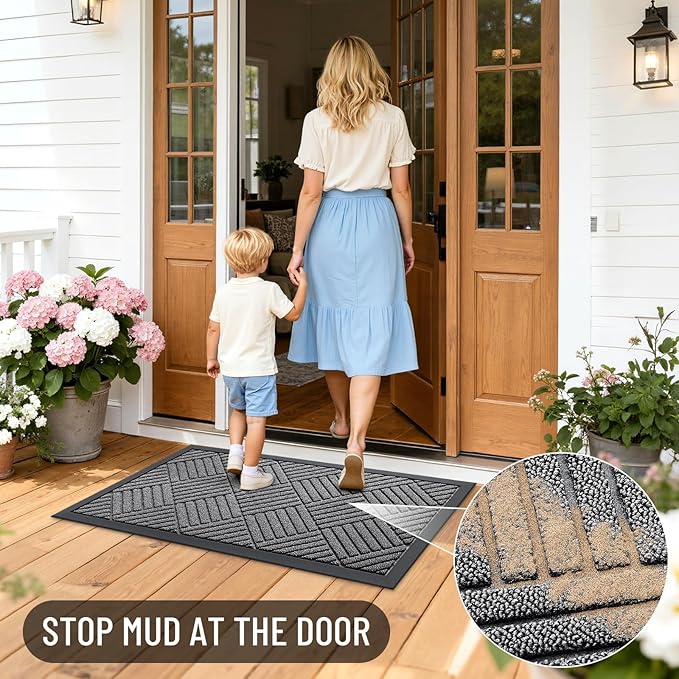 OLANLY Front Door Mat Outside Entrance 47x23, Absorbent, Heavy Duty Sturdy Natural Rubber Doormat Indoor Outdoor, Stain and Fade Resistant, Non-Slip Low Profile Floor Mat for Entryway, Grey Diamond