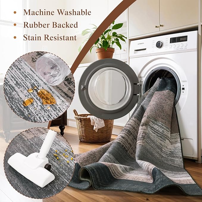 LIANLAM 10x14 Washable Area Rugs for Living Room and Bedroom, Vintage Checkered Pattern Non-Slip Carpet, Stain Resistant Low Pile Soft Rug for Dining Room,Office,Nursery,Kids Room(10x14,Chocolate)