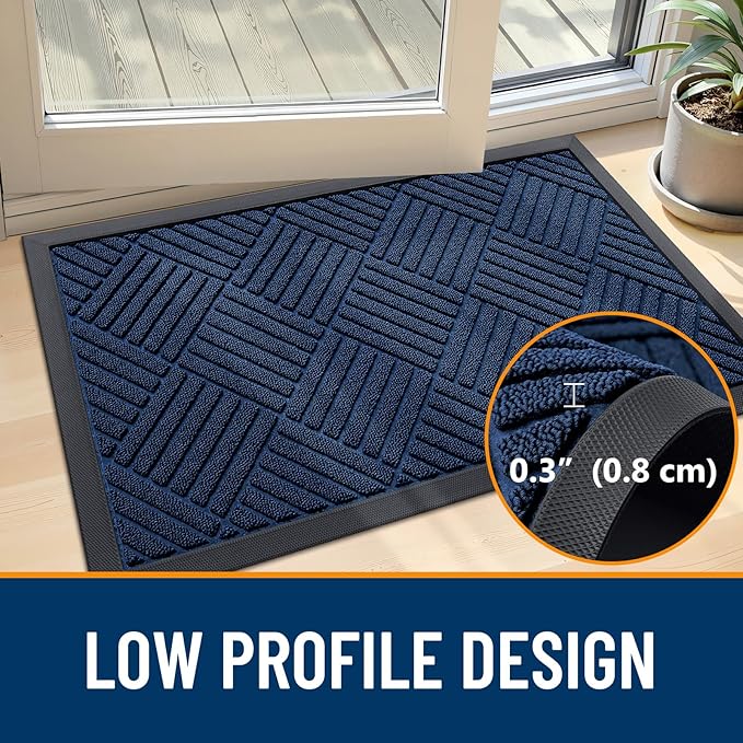 OLANLY Front Door Mat Outside Entrance 33x21, Absorbent, Heavy Duty Sturdy Natural Rubber Doormat Indoor Outdoor, Stain Fade Resistant, Non-Slip Low Profile Floor Mat for Entryway, Navy Blue Diamond