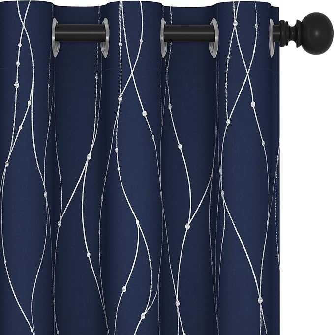 Deconovo Short Kitchen Curtains, Navy Blue Blakcout Curtain 38 x 45 Inch, Thermal Insulated Soundproof Drapes with Silver Wave Dots Prit, Grommet Top, Machine Washable for Nursery Bedroom Living Room