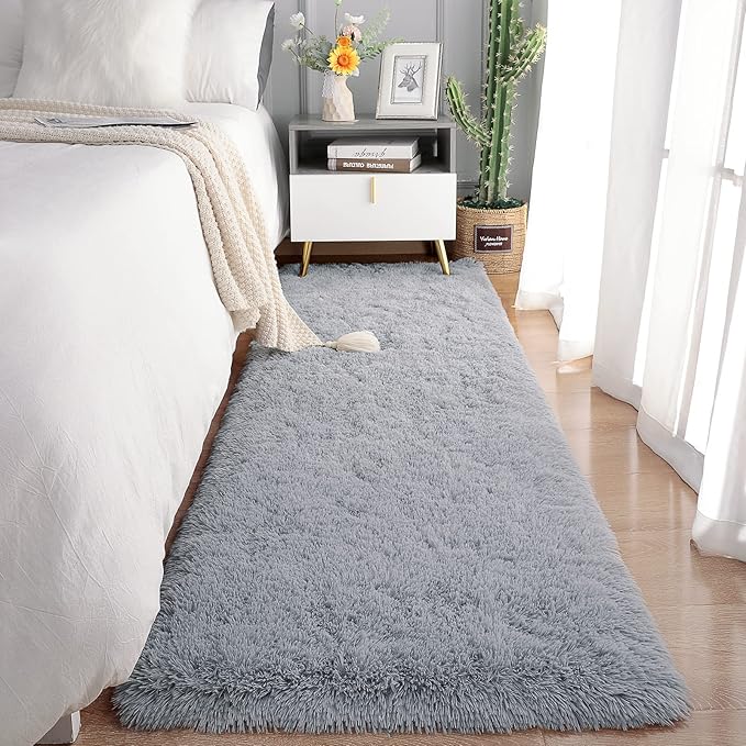 Chicrug Soft 2x10 Runner Rug for Bedroom Living Room Plush Fluffy Rug, Shag Furry Hallway Runner Carpet Rug Non Shedding for Nursery Children Kids Girls Room Home Decorative, Grey