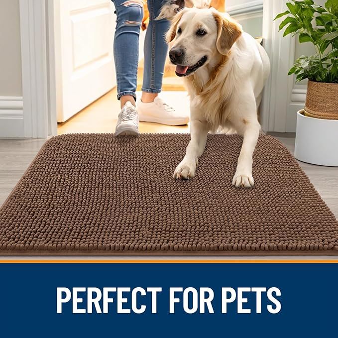 OLANLY Dog Door Mat for Muddy Paws 59x35, Absorbs Moisture and Dirt, Absorbent Non-Slip Washable Doormat, Quick Dry Chenille Mud Mat for Dogs, Entry Indoor Entryway Carpet for Inside Floor, Mocha