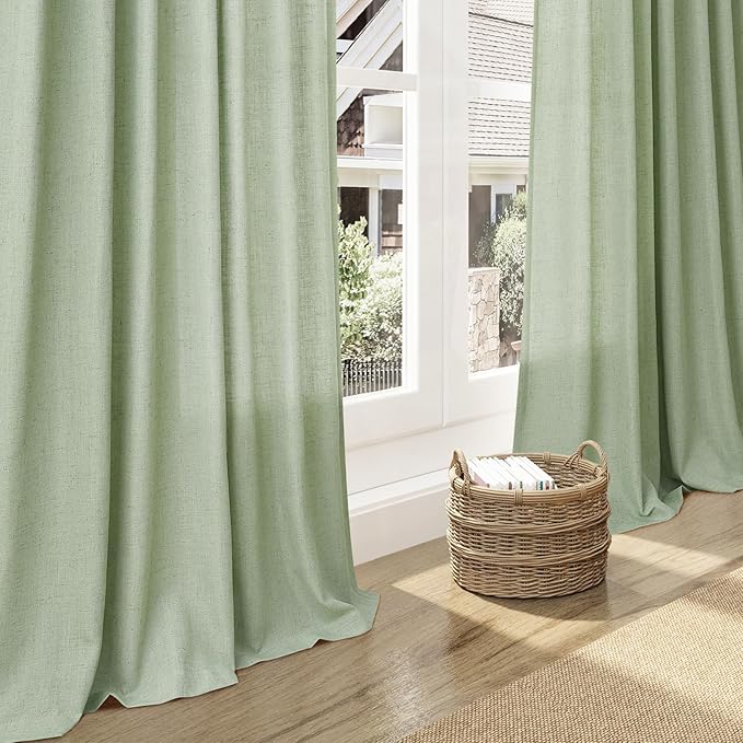 Mist Sage Linen Curtains 63 Inches Long 2 Panel Sets for Living Room Bedroom Rod Pocket Back Tab Light Filtering Drape for Kitchen Window Short Protect Privacy Curtain Modern Farmhouse Decor 52x63