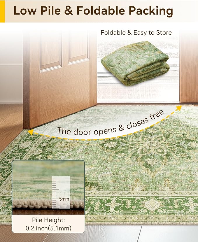 RELEANY Area Rugs 5'x8' Washable Non-Slip, Floral Vintage Distress Print Pattern Medallion Carpet for Living Room Bedroom Dining Room, Sage Green Yellow