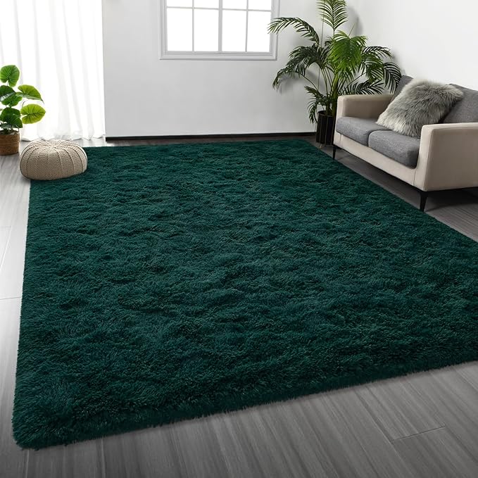 Deerhoo Large Shag Area Rugs 9 x 12, Plush Fuzzy Rugs for Living Room, Ultra Soft Fluffy Furry Rug for Bedroom, Indoor Carpet Nursery Rugs for Kids Room Home Decor, Dark Green