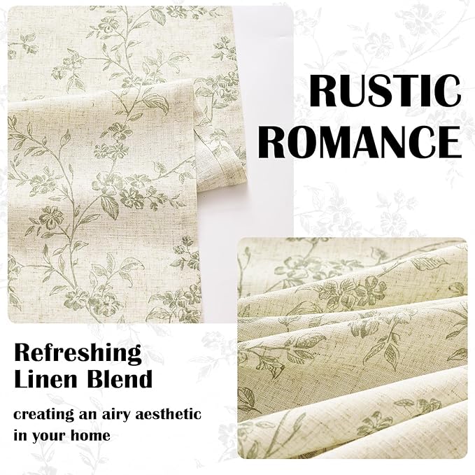 Lazzzy Farmhouse Linen Curtains Extra Long Green Floral Curtains 108 Inch Length Back Tab Drapes for Living Room Bedroom Light Filtering Country Vintage Rod Pocket, 2 Panels, Green on Beige