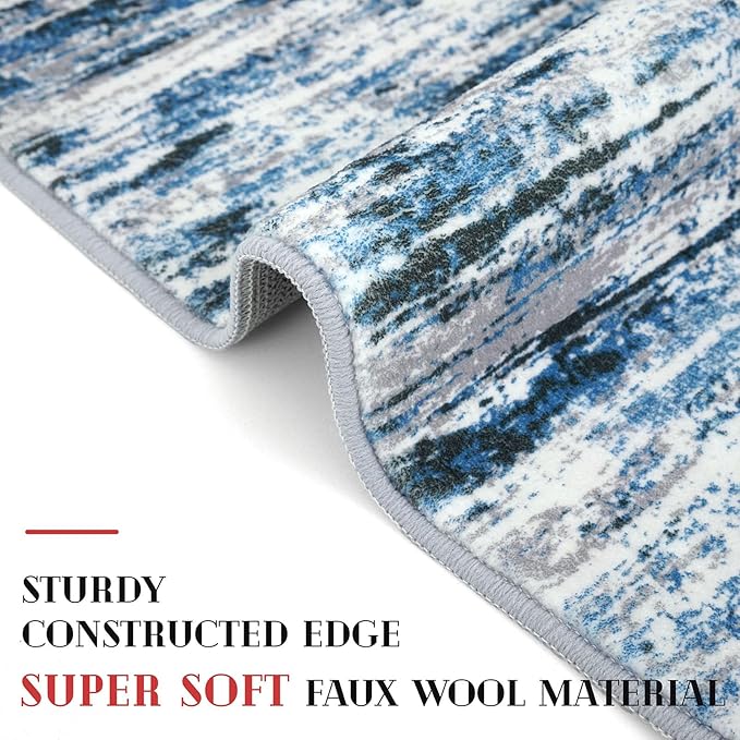 Lansny Modern Abstract 4x6 Living Room Washable Rug Non-Slip Soft Bedroom Area Rug Grey Blue White Thin Print Faux Wool Floor Carpet Throw Rugs for Nursery Playroom Dining Room Indoor Home Decor