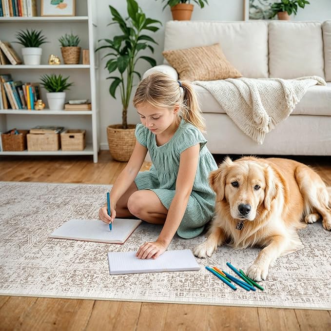 4x10 Washable Hallway Runner Rug - Wide Kitchen Runners Vintage Low Pile Carpet Soft Thin Floor Runner with Rubber Backing for Entryway Bedroom Living Room Home Decor (Cream/Camel)