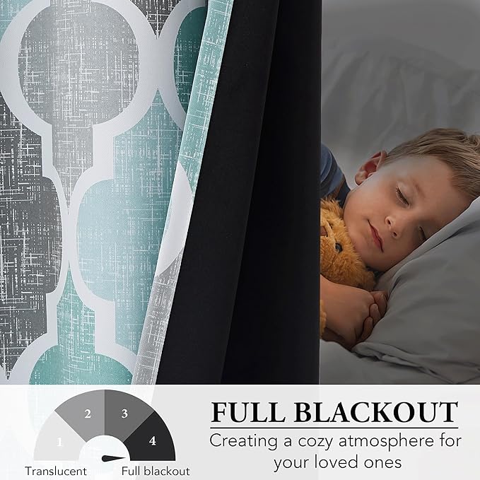 Beauoop 100% Blackout Curtains 96 Inches Long 2 Panels for Bedroom Living Room Aqua Grey Moroccan Geo Room Darkening Thermal Insulated Soundproof Rod Pocket Back Tab Window Treatments Drapes, 50x96